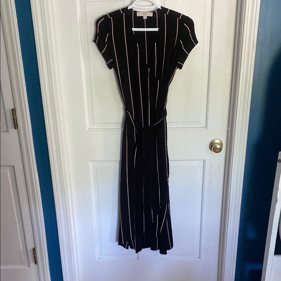 LOFT Black and Tan Wrap Midi Dress - Picture 2 of 4